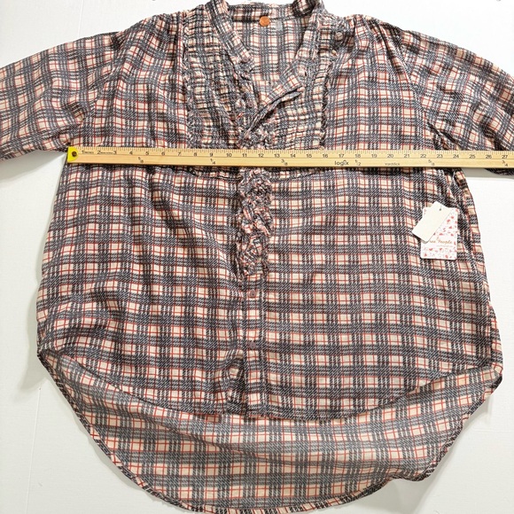 Plaid Ruffle Smocked Tunic Free People FP One Beige Blue Red Blouse S/P - Picture 7 of 10